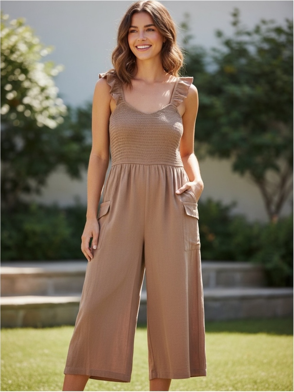 Anrabees Women's Sleeveless Ruffle-Strap Wide-Leg Jumpsuit Khaki Size Large NWT
